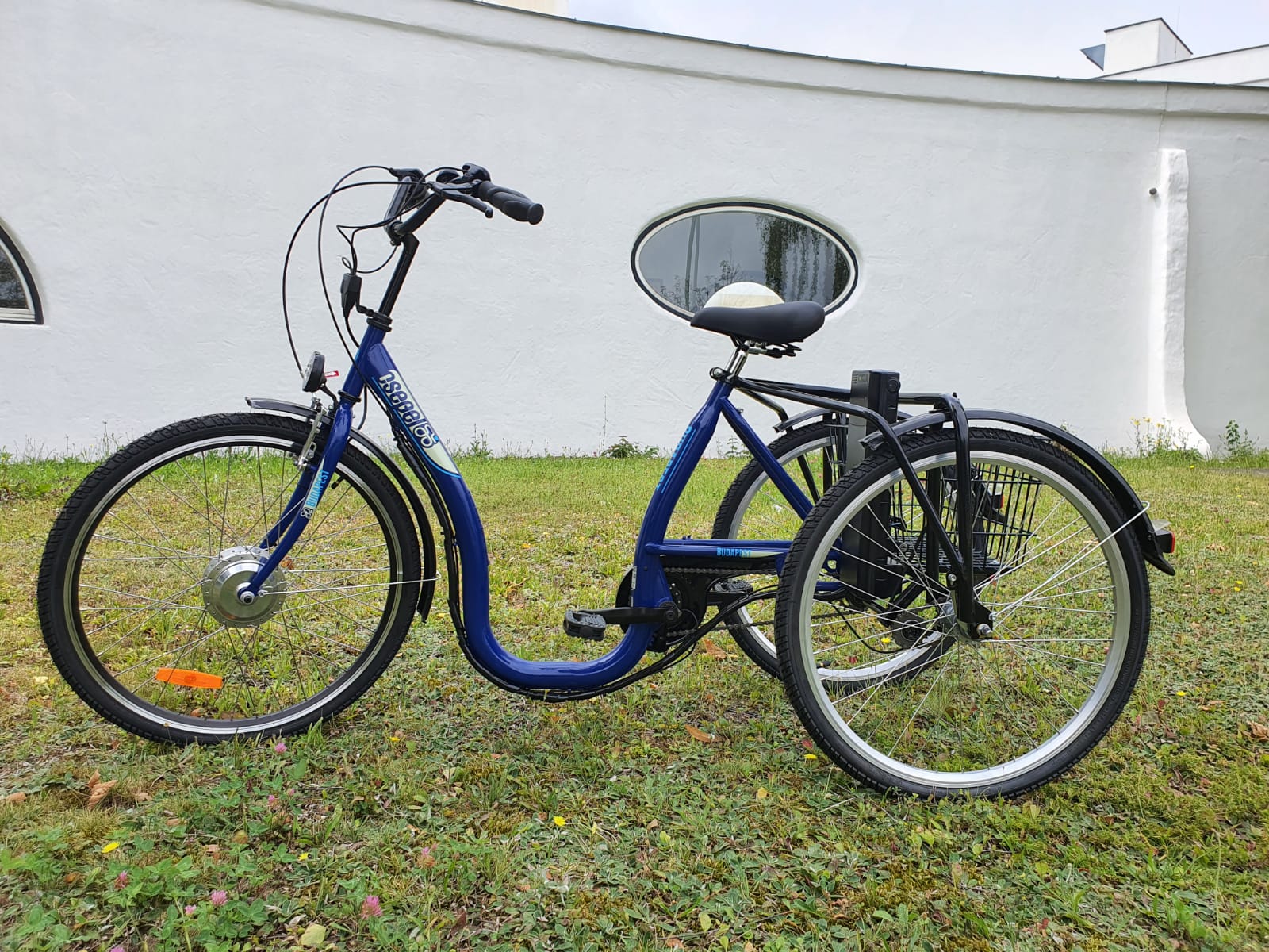 Blaues elektrisches Dreirad mit Tiefeneinstieg